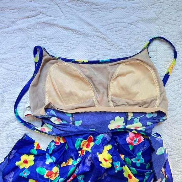 80s neon one piece swimsuit with bright blue and yellow floral pattern - Picture 7 of 8